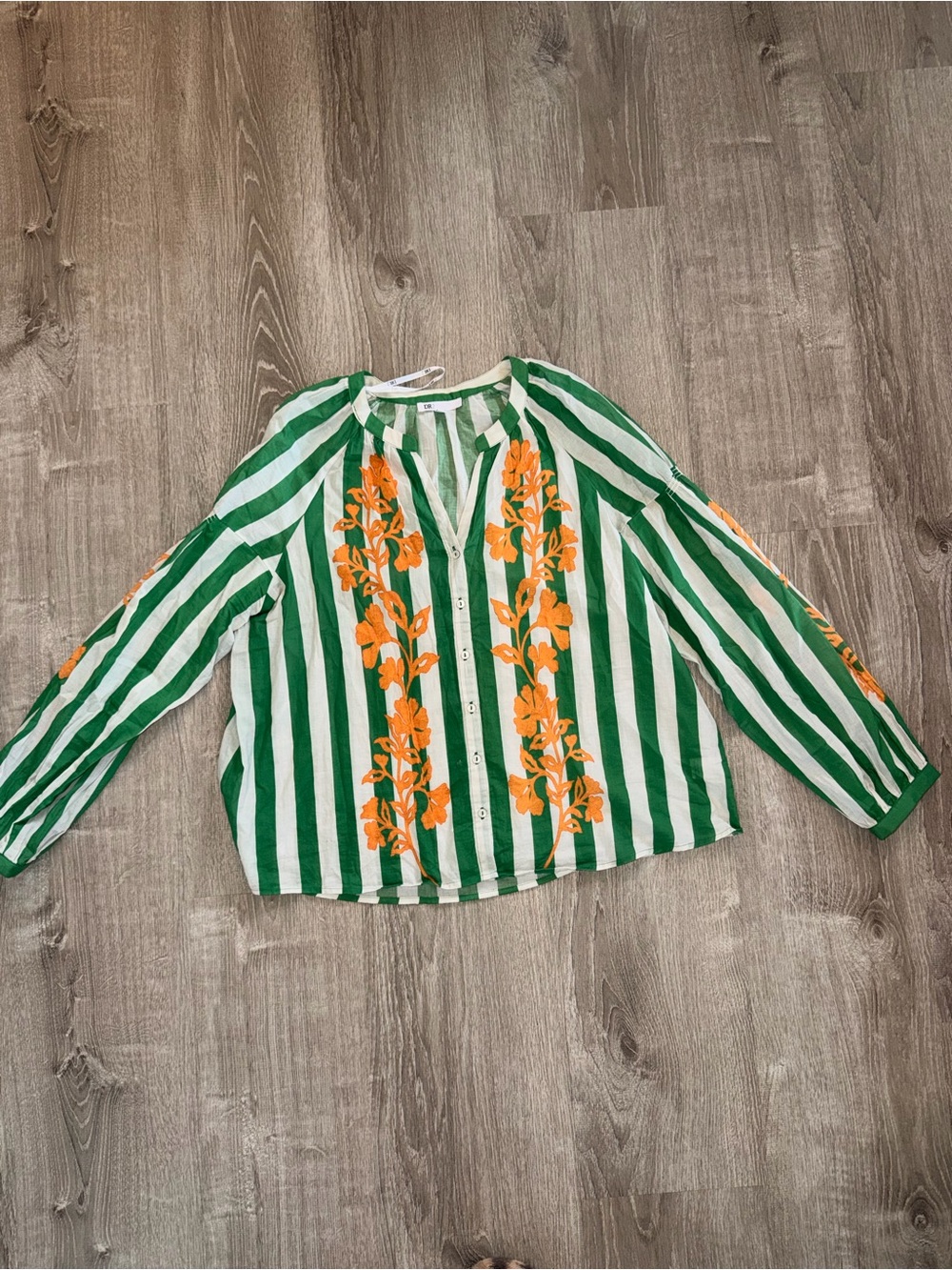 Women's Green & White Stripe Floral Button-Front Blouse